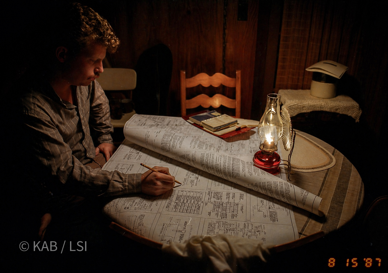 Keith Bennett at 34, photographed by kerosene lamp in a rustic Idyllwild cabin on August 15, 1987, working on engineering plans for the MDB Systems 88,000 sq ft buildout in Orange, California.