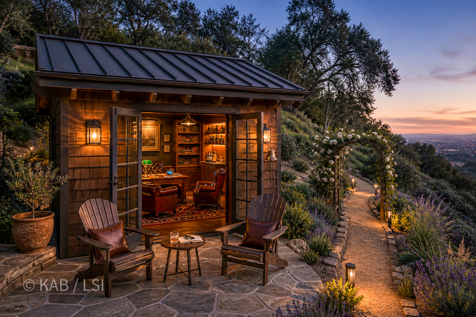 A hillside office lit at twilight — French doors open onto a flagstone patio with a lavender-lined path beyond, hillside view stretching to the distance.