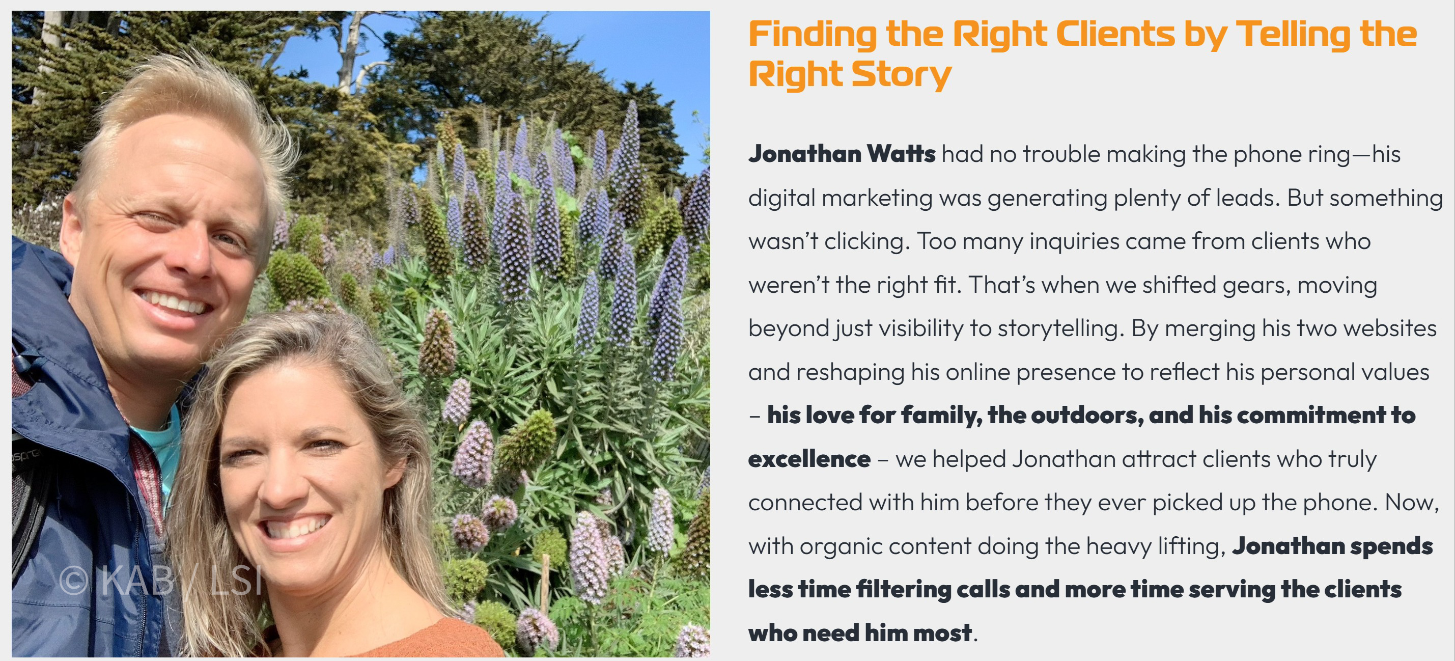 Jonathan Watts, a tax attorney, smiling outdoors with his wife in front of California native lupine flowers under a bright blue sky. SDA case-study panel headline: Finding the Right Clients by Telling the Right Story.